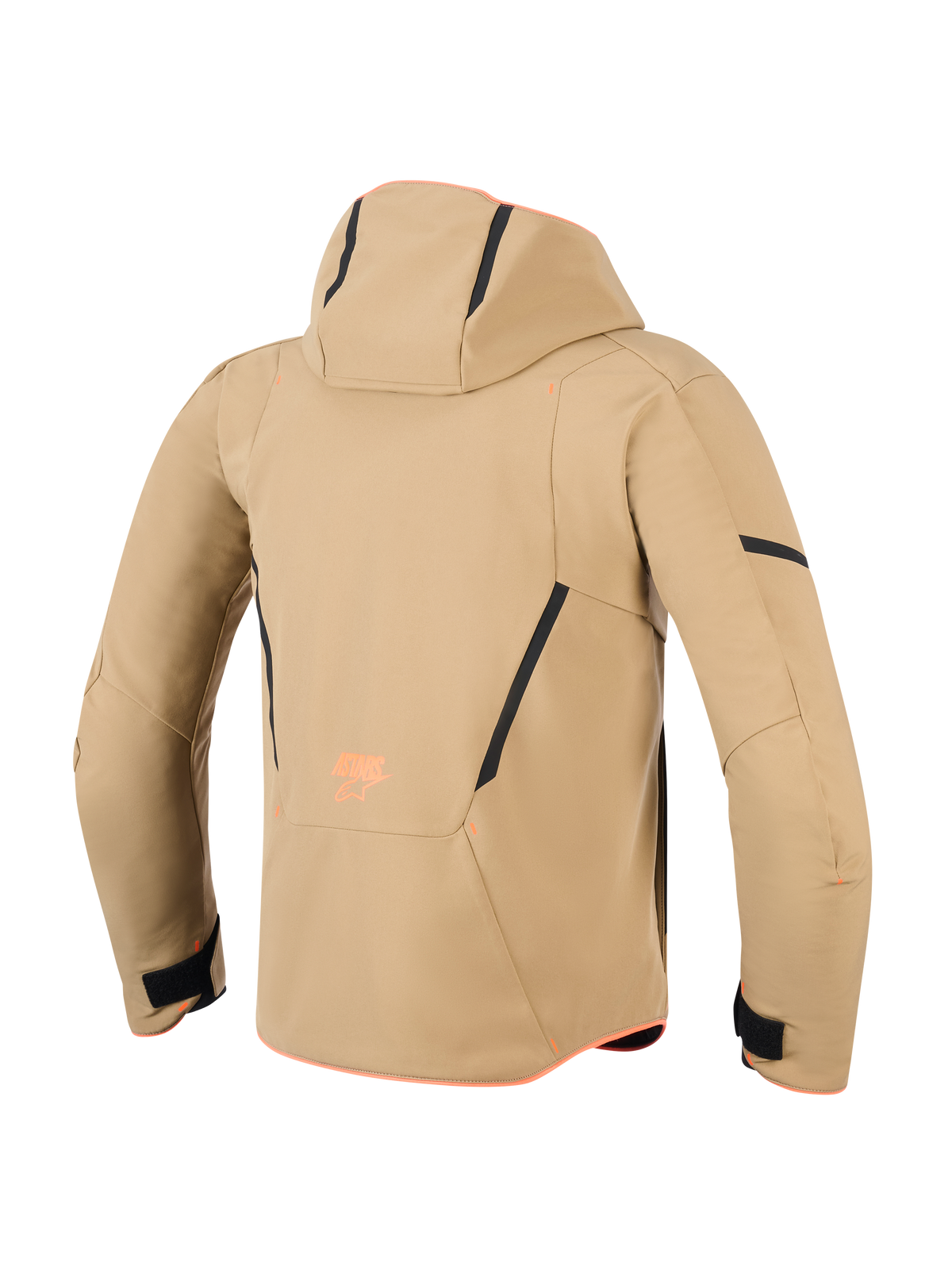 Alpinestars Aeroshell Waterproof Jacket, Rear view, Dark Khaki with Black and Orange Fluo accents, featuring a hood, black contrast lines, and orange branding, sports softshell motorcycle hoodie
