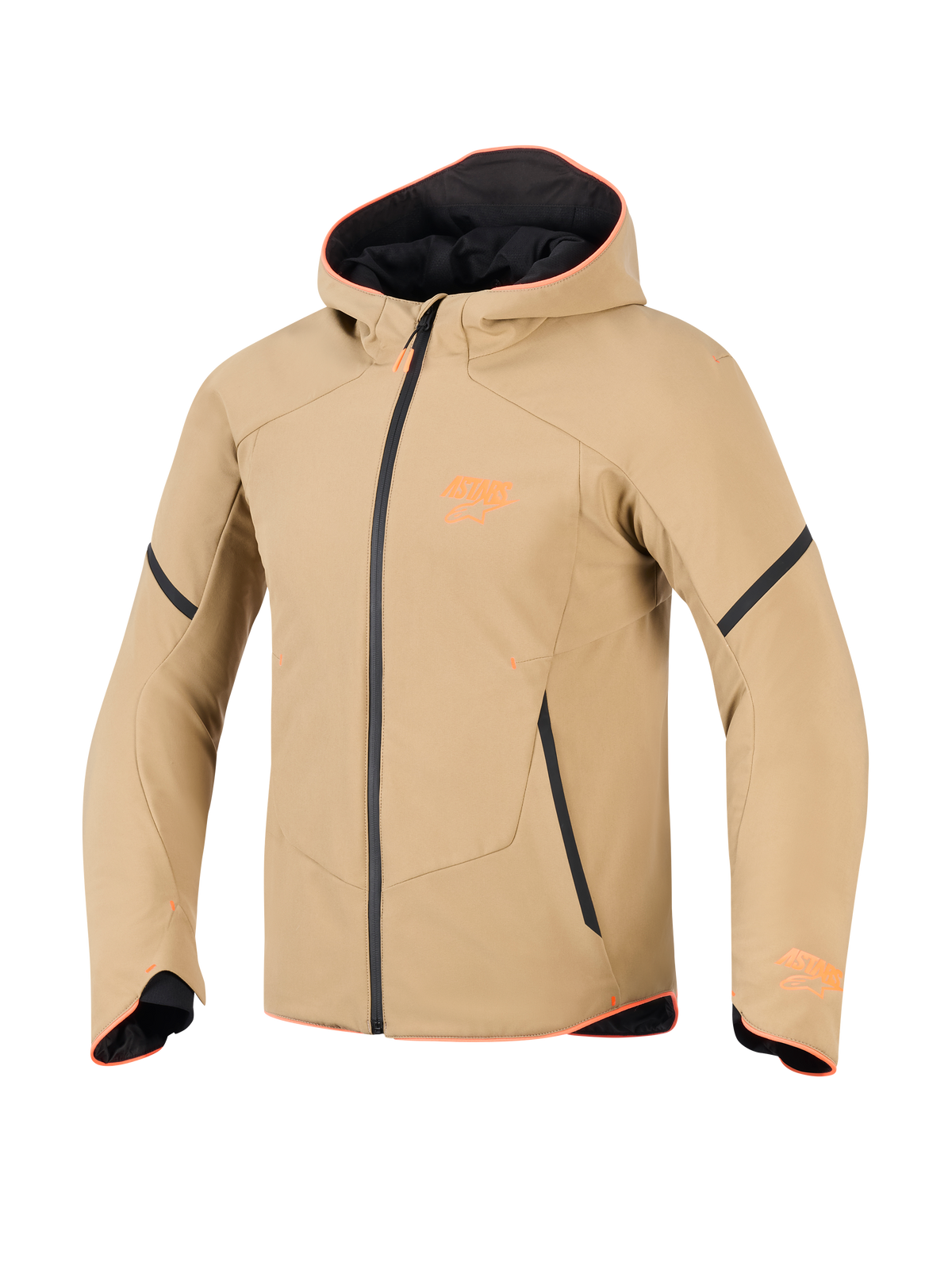 Alpinestars Aeroshell Waterproof Jacket, Dark Khaki with Black and Orange Fluo accents, sports softshell hoodie style, technical motorcycle riding gear featuring orange trim and chest logo