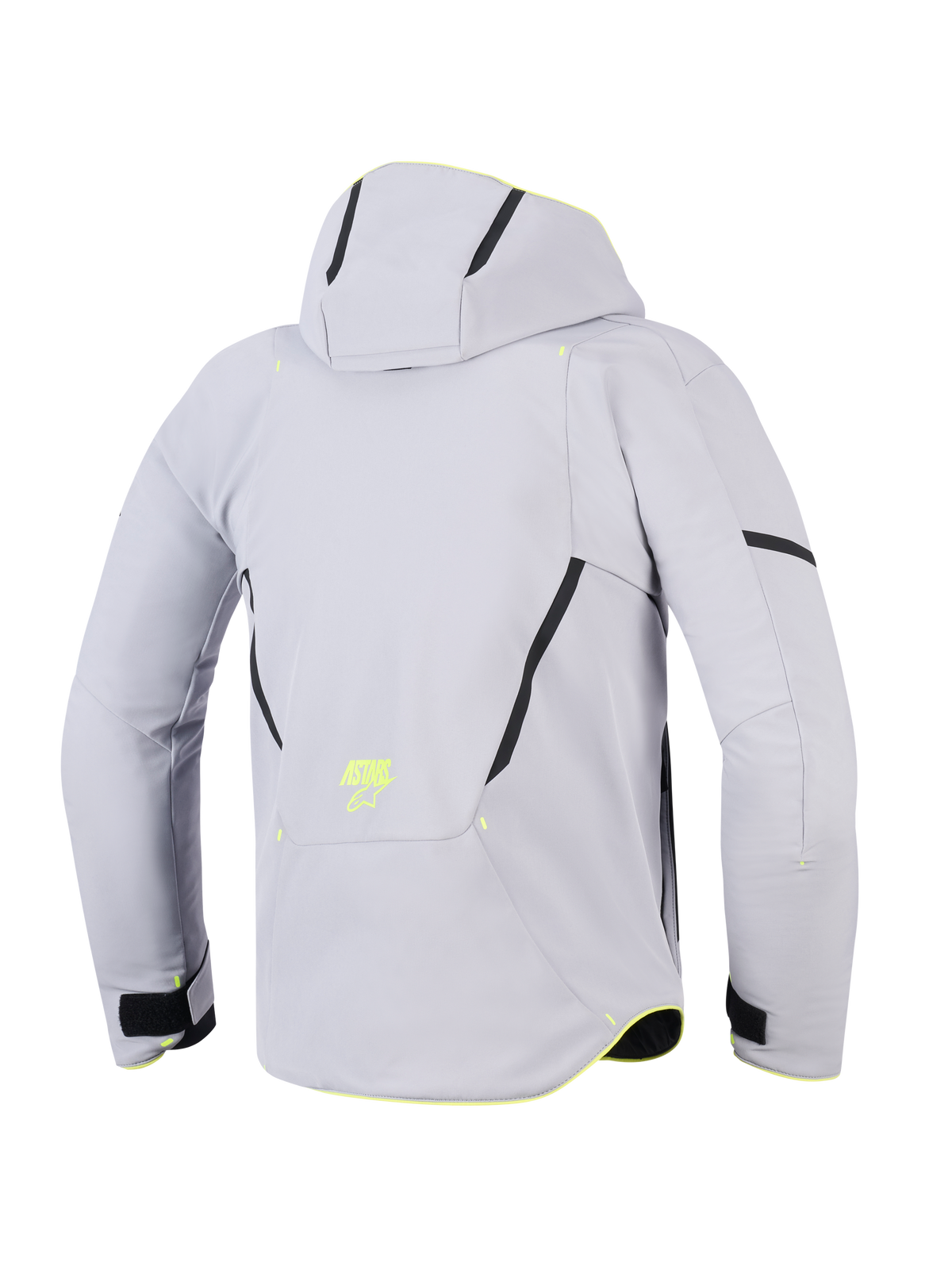 Veste imperméable Alpinestars Aeroshell, gris moyen jaune fluo, vue arrière d'une veste de moto à capuche, softshell textile gris clair avec des accents diagonaux noirs, logo ASTARS jaune fluorescent sur le bas du dos, design moderne axé sur le sport.