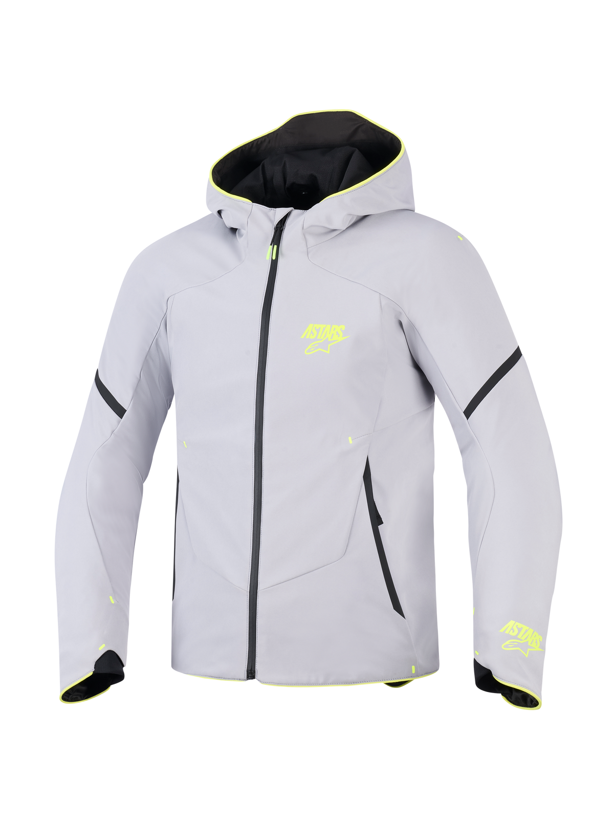 Veste imperméable Alpinestars Aeroshell, gris moyen et jaune fluo, veste de moto softshell de sport à capuche, avec logos ASTARS jaune fluo, fermeture éclair imperméable noire et coupe athlétique moderne.