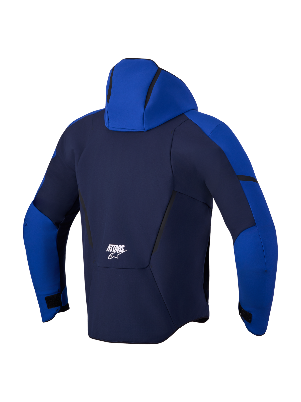 Alpinestars Aeroshell Wp, veste softshell de moto, vue de dos montrant la capuche et le branding Astars, bleu marine et bleu vif, construction stretch imperméable et respirante