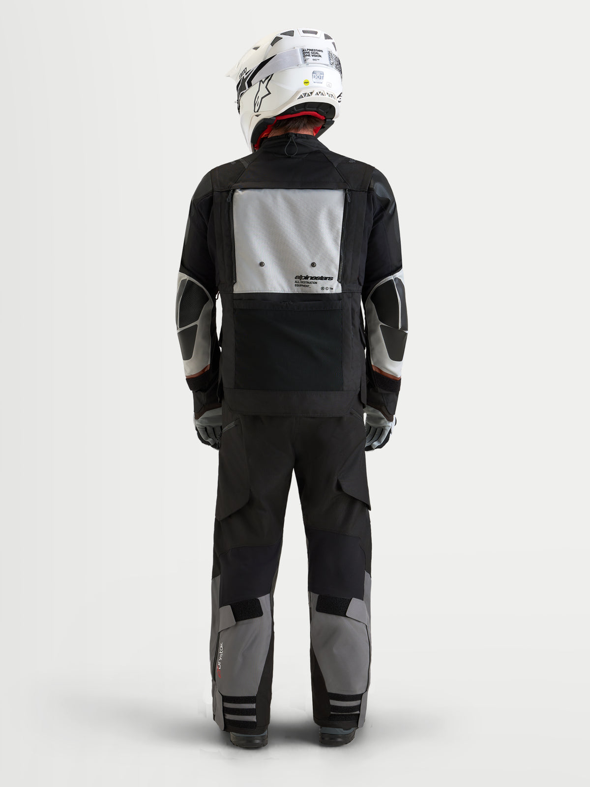 Alpinestars Harok V2 Drystar Veste, veste de moto adventure touring pour homme, gris foncé, gris glace et noir, vue de dos montrant le panneau de ventilation modulable et la protection CE