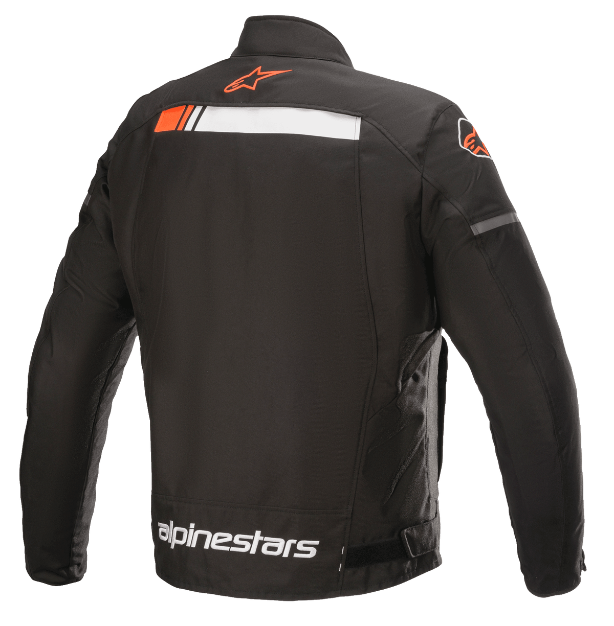 Alpinestars T-SP S Ignition Waterproof Jacket, Motorcycle Jacket, Black White and Red Fluo, back view featuring a white and fluorescent red horizontal stripe across the shoulders, Alpinestars logo on the collar and lower back, durable textile construction for urban riding.