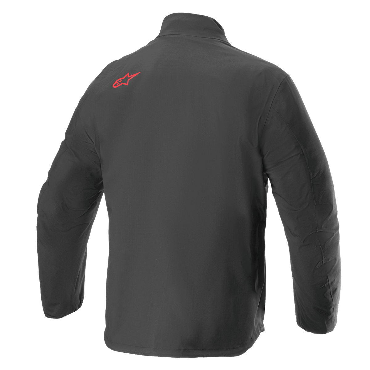 Veste Alpinestars AMT Storm Gear Drystar® XF, veste de moto imperméable, noire, vue de dos présentant un logo Alpinestars rouge sur le haut de l'épaule, construction en textile ripstop durable avec dos allongé pour une couverture étendue.