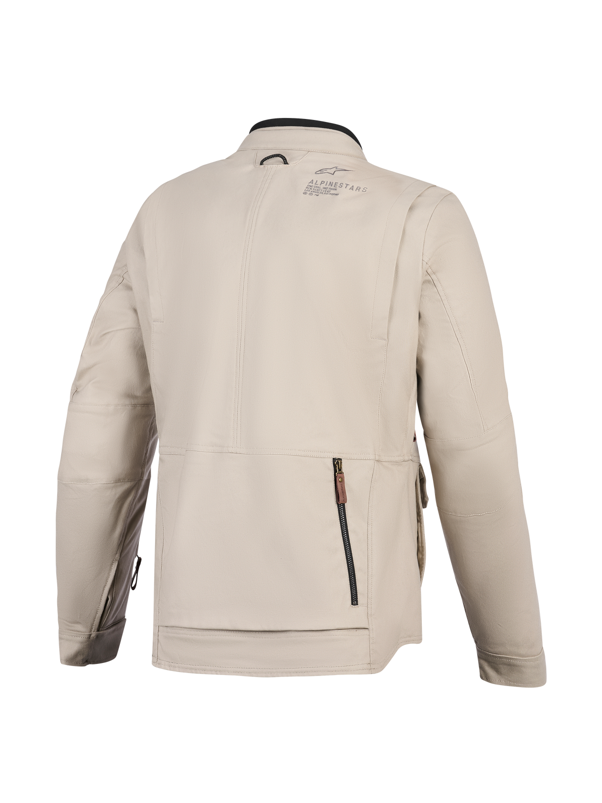 Veste Alpinestars Borrego Drystar®, veste de moto, Gris chaud, vue arrière montrant un grand compartiment zippé au dos, construction en toile textile durable avec logo Alpinestars sur l'épaule, design prêt pour l'aventure