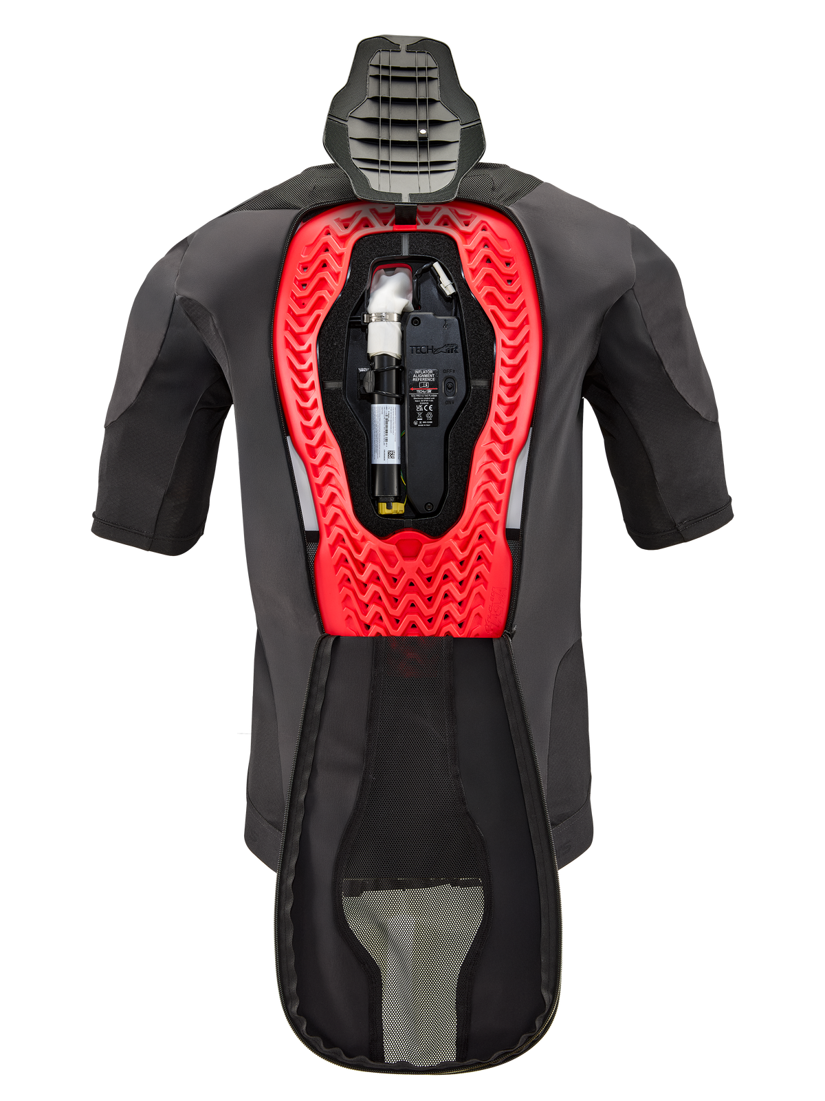 Cartouche de rechange pour airbag Alpinestars Tech-Air® 5 Plasma, présentée à l'intérieur d'un gilet Tech-Air® 5 Plasma, vêtement noir avec une structure interne en nid d'abeille rouge vif, comprenant la bouteille de gaz argon et l'unité électronique, équipement de sécurité technique pour moto.