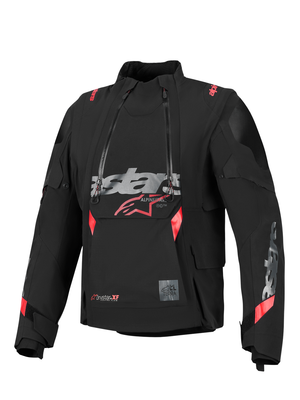 Alpinestars Halo Pro Drystar® XF Laminated Jacket, Black with red and grey accents, featuring dual asymmetrical waterproof front zippers, a large chest logo, and a modular technical textile design for adventure riding.