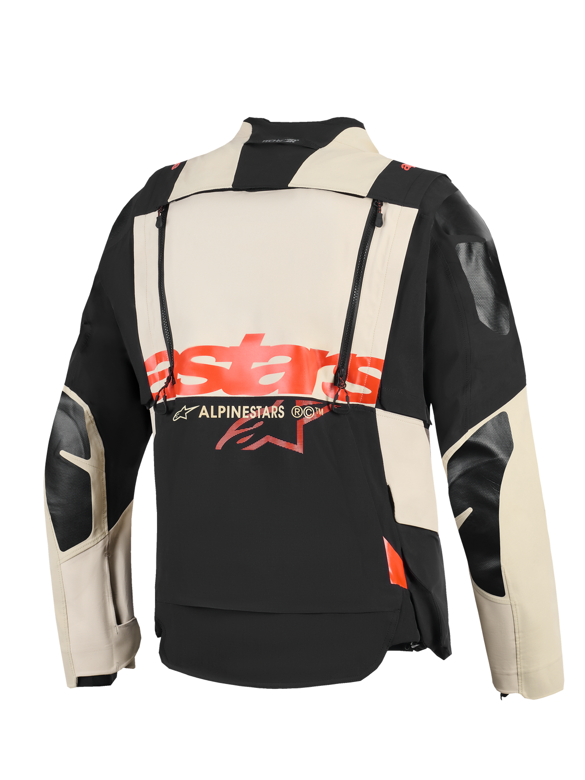 Veste laminée Alpinestars Halo Pro Drystar® XF, vue arrière, construction textile noir mastic et crème, logo « stars » rouge vif au centre, doubles fermetures éclair verticales pour une ventilation modulaire, équipement de moto technique d'aventure