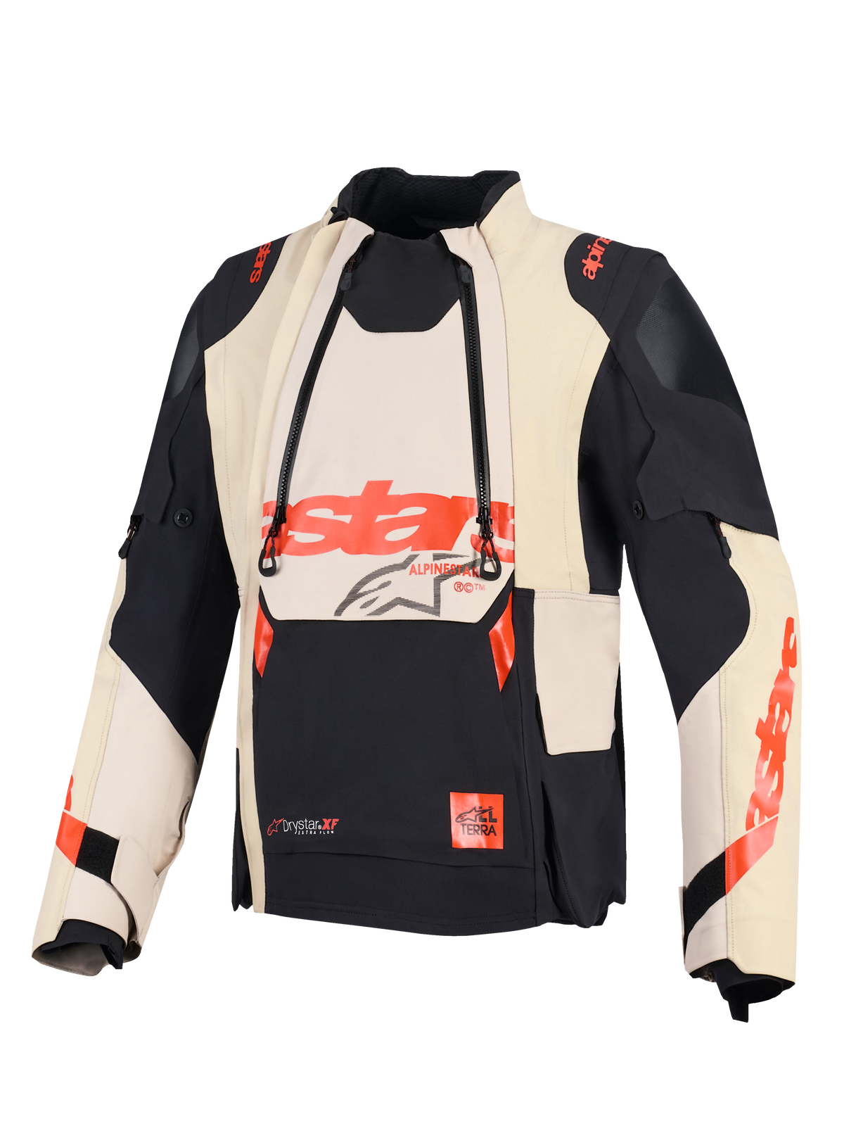 Veste laminée Alpinestars Halo Pro Drystar® XF, veste de moto aventure, Noir Mastic, dotée de panneaux de ventilation avant modulaires et de logos Alpinestars rouges, conception en textile technique pour une conduite tout-terrain polyvalente