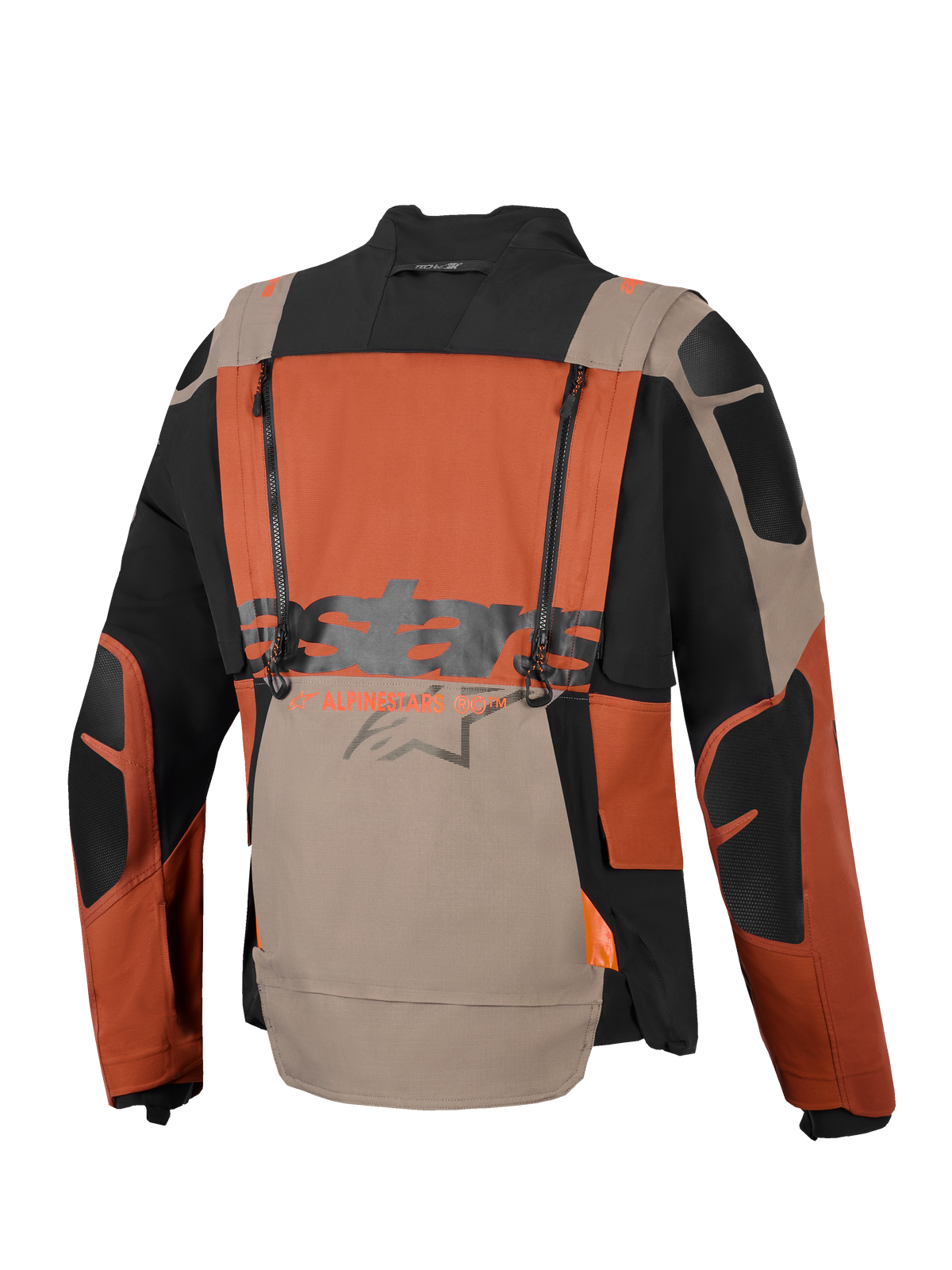 Alpinestars Halo Pro Drystar® XF Laminated Jacket, Adventure Motorcycle Jacket, Walnut Rust Black, back view featuring vertical ventilation zippers, large Alpinestars branding across the center, and durable ripstop textile construction