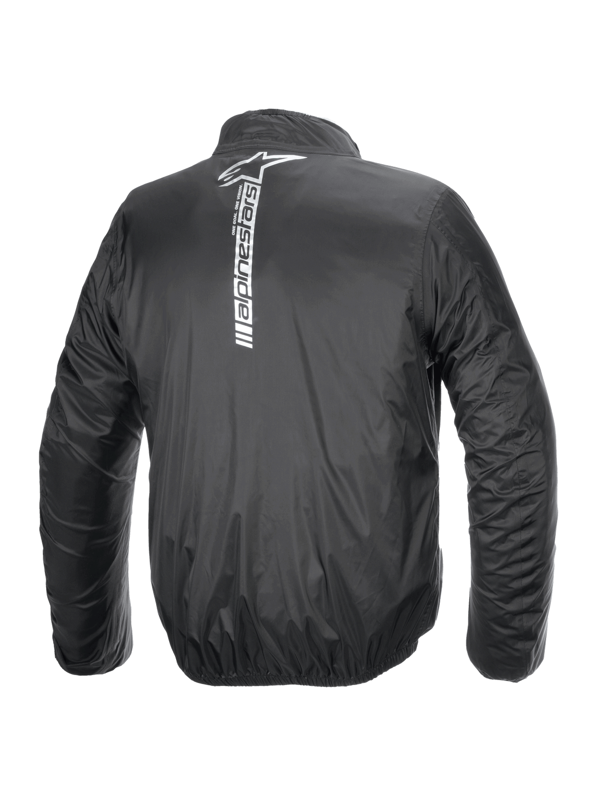 Veste Alpinestars Hurricane Rain V2, veste de pluie imperméable pour moto, noire, vue arrière avec un grand logo et lettrage Alpinestars blancs verticaux au centre du dos, tissu laminé léger avec poignets et taille élastiqués