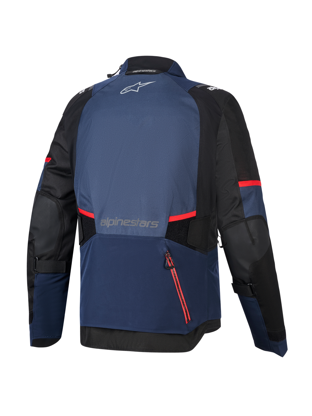 Veste Alpinestars Andes V4 Drystar®, vue arrière, Night Navy Mood Indigo et noir, avec accents de fermetures éclair et bandes rouges, grand compartiment arrière imperméable, logo Alpinestars en haut et en bas du dos, veste de touring aventure en textile technique.