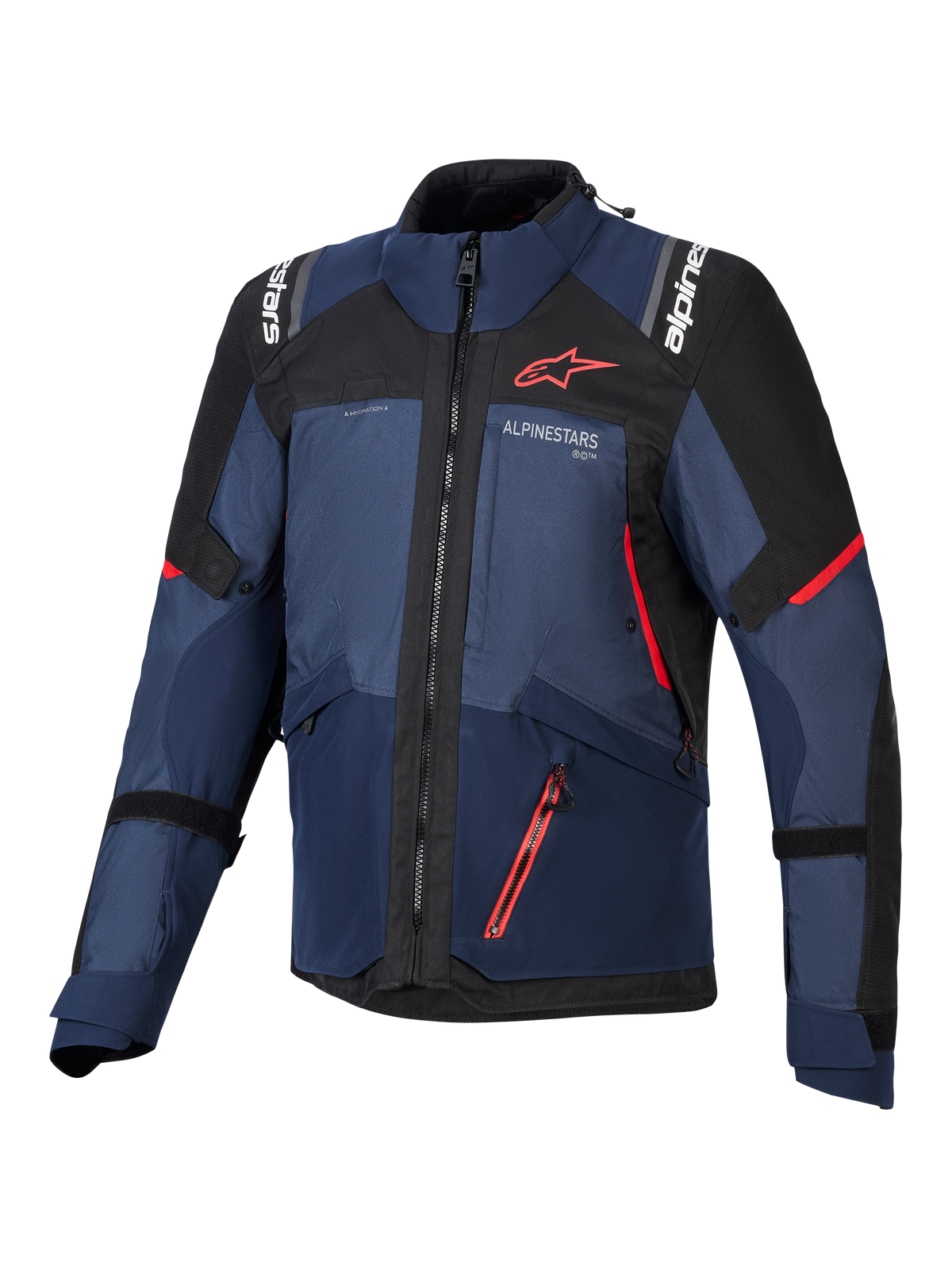Veste Alpinestars Andes V4 Drystar®, veste de moto, Night Navy, Mood Indigo et noir, vue de face avec accents rouges et logo Alpinestars blanc sur la poitrine et les épaules, équipement textile durable pour la moto d'aventure