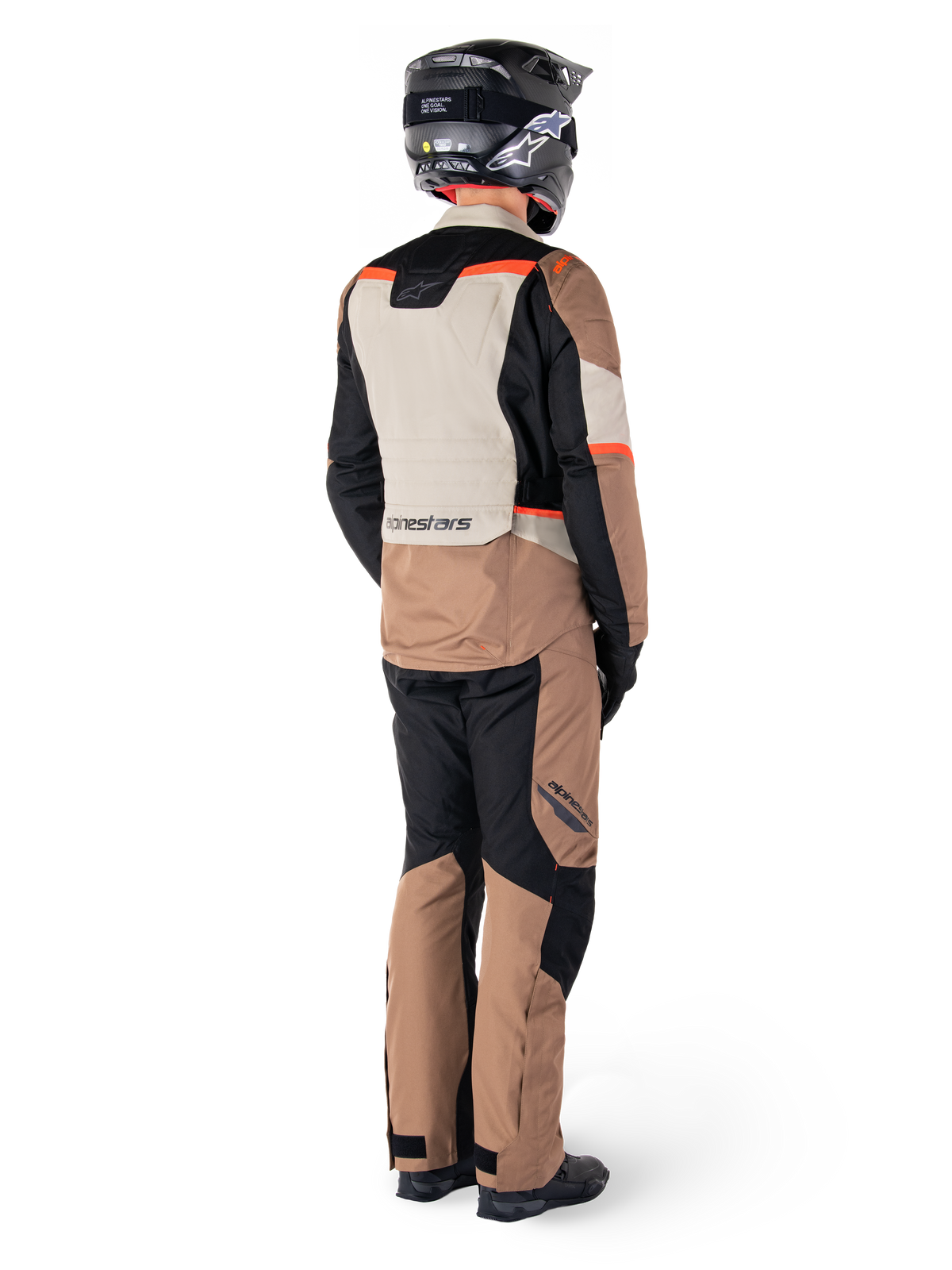 Alpinestars ST-1 Waterproof Jacket, Adventure Touring Jacket, Dark Khaki Sand Black Red Fluo, Rear view worn with matching pants and black helmet, featuring color-blocked panels and red fluorescent accents.