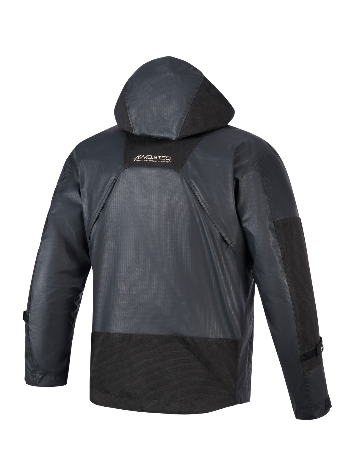 Veste imperméable Alpinestars Mospher, parka de moto, noire, vue arrière montrant la capuche intégrée et la construction en tissu ripstop, marquage MO.ST.EQ sur le haut du dos, design urbain tactique pour rouler par tous les temps