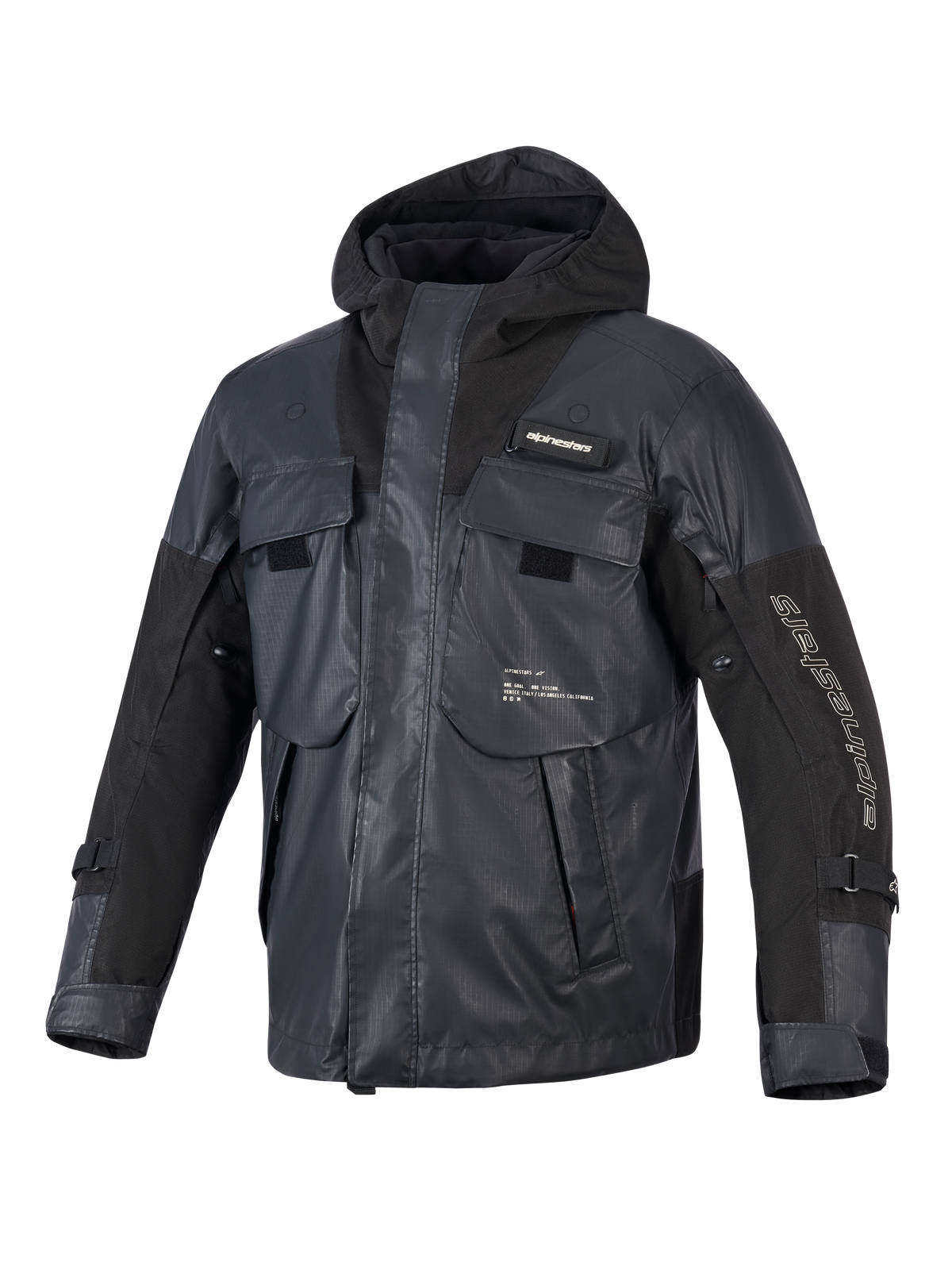 Veste Mospher Waterproof Alpinestars, parka de moto noire, design tactique utilitaire avec de multiples grandes poches, construction en textile ripstop, capuche intégrée, logos Alpinestars blancs sur la manche et la poitrine