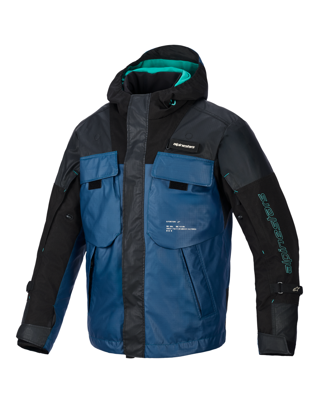 Veste Alpinestars Mospher Waterproof, parka de moto toutes saisons, noir et pétrole foncé avec des accents bleu sarcelle, design inspiré d'un gilet tactique doté de multiples grandes poches, tissu ripstop durable et capuche intégrée pour les trajets urbains