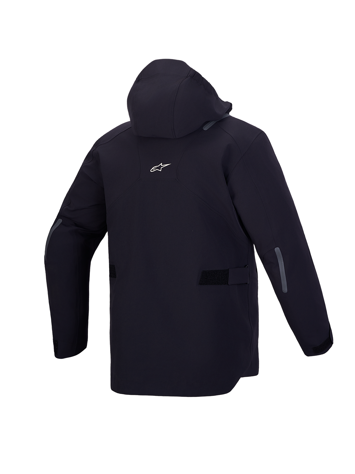 Alpinestars C 7 Drystar XF Veste, veste de moto urbaine imperméable, vue de dos en noir avec capuche intégrée et détails réfléchissants