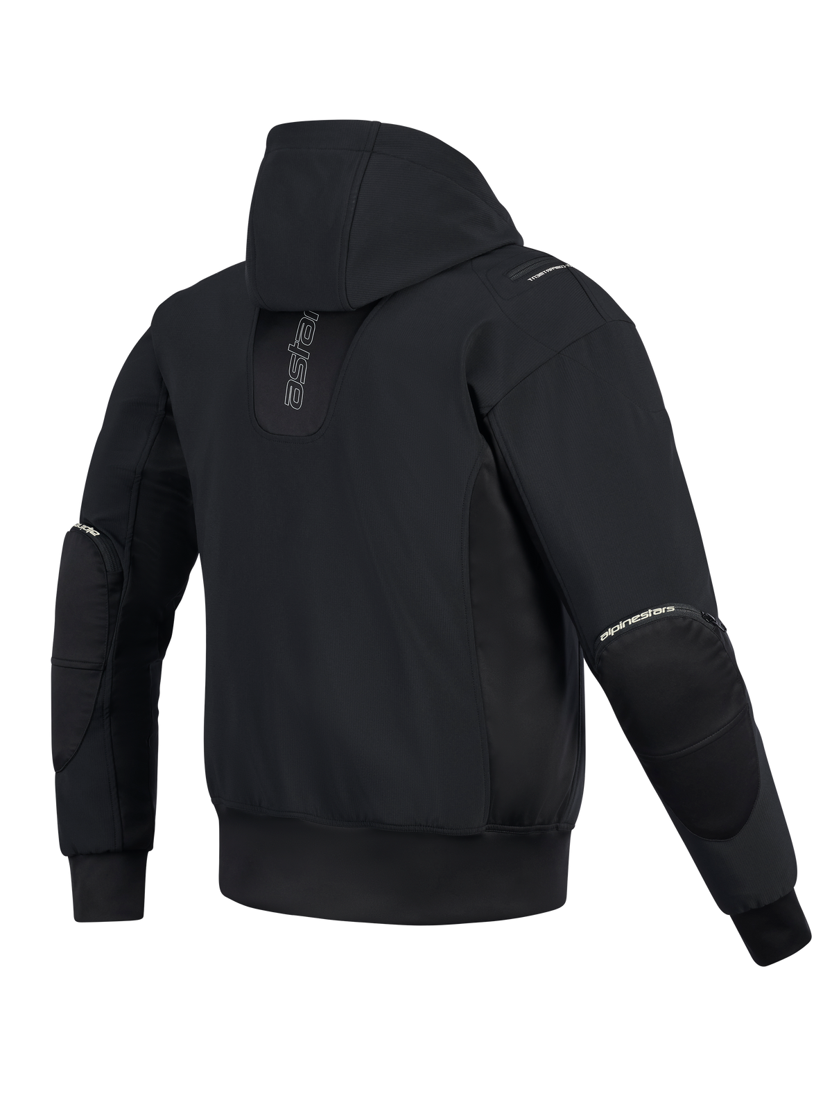Veste imperméable Alpinestars Moblast, vue arrière, noir, hoodie de moto urbain avec marquage vertical dans le dos, construction technique en softshell et ripstop avec capuche fixe et fermetures éclair externes pour protections de coudes