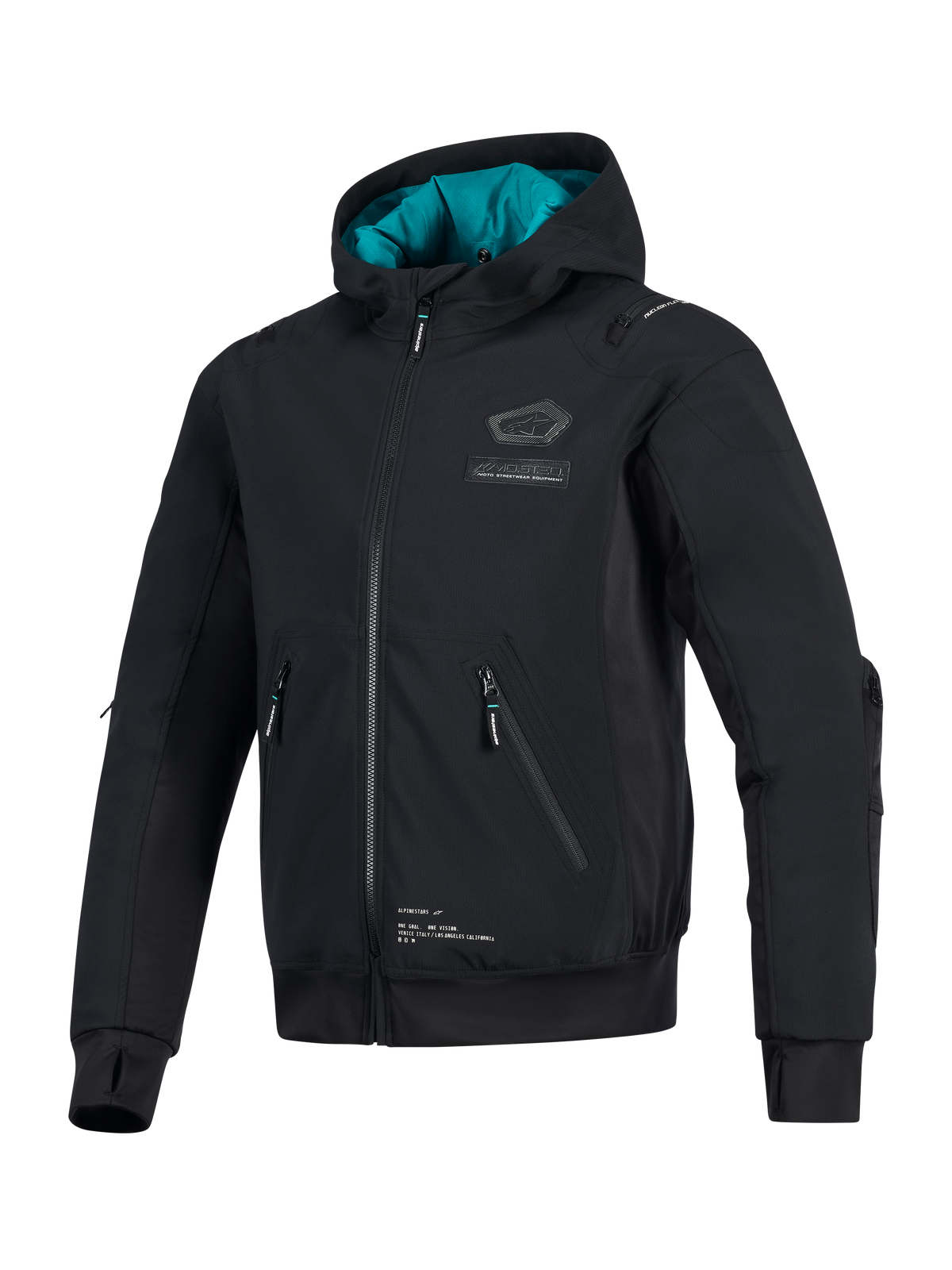Veste Alpinestars Moblast Waterproof, noire avec doublure de capuche bleu sarcelle, veste de moto technique en softshell avec poches zippées 3D, passe-pouces intégrés et logo Alpinestars sur la poitrine, vêtement de conduite urbaine