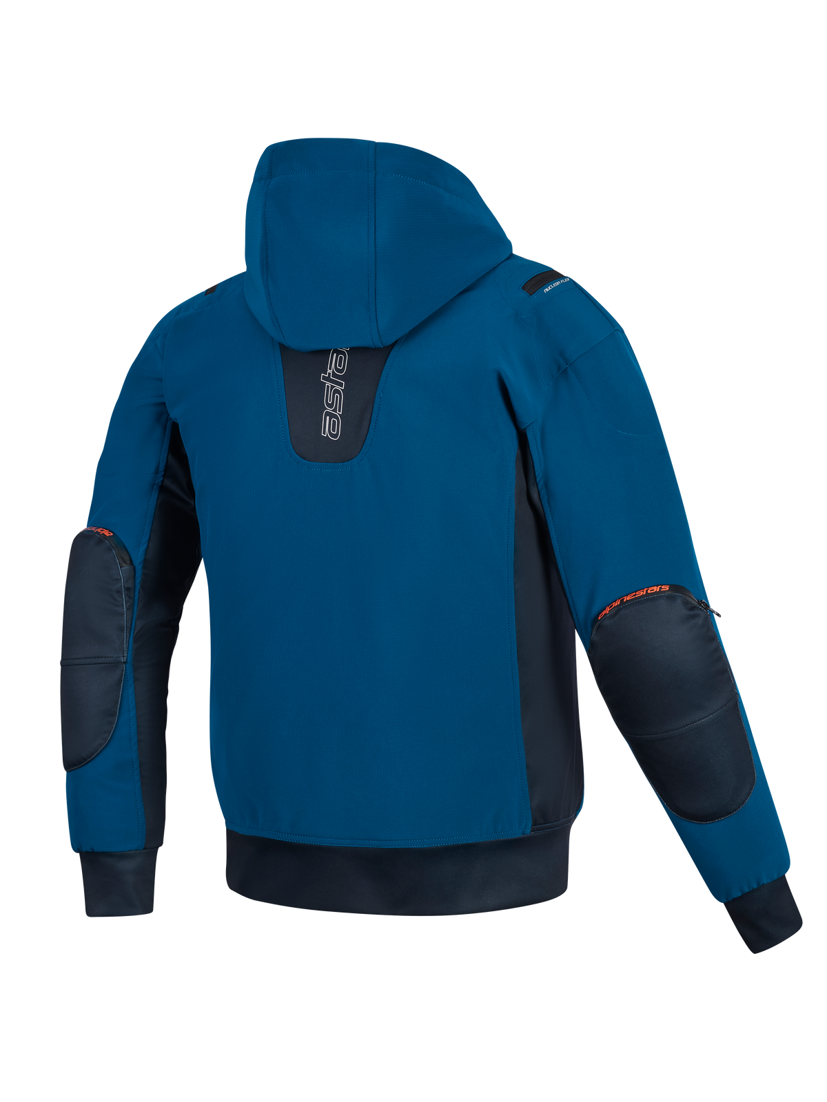 Veste imperméable Alpinestars Moblast, pétrole foncé et bleu marine foncé, vue arrière de la veste de moto à capuche, construction en softshell, panneaux latéraux bleu marine foncé, protections de coudes renforcées avec détails de logo orange