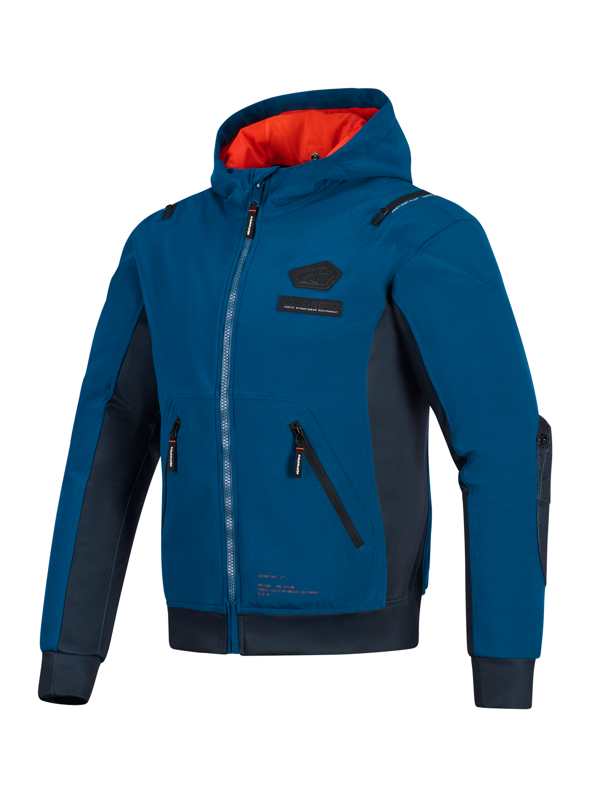 Veste imperméable Alpinestars Moblast, bleu pétrole foncé et bleu marine foncé, hoodie de moto urbain avec doublure de capuche orange vif, poches 3D techniques et construction en softshell ripstop pour les trajets quotidiens toutes saisons