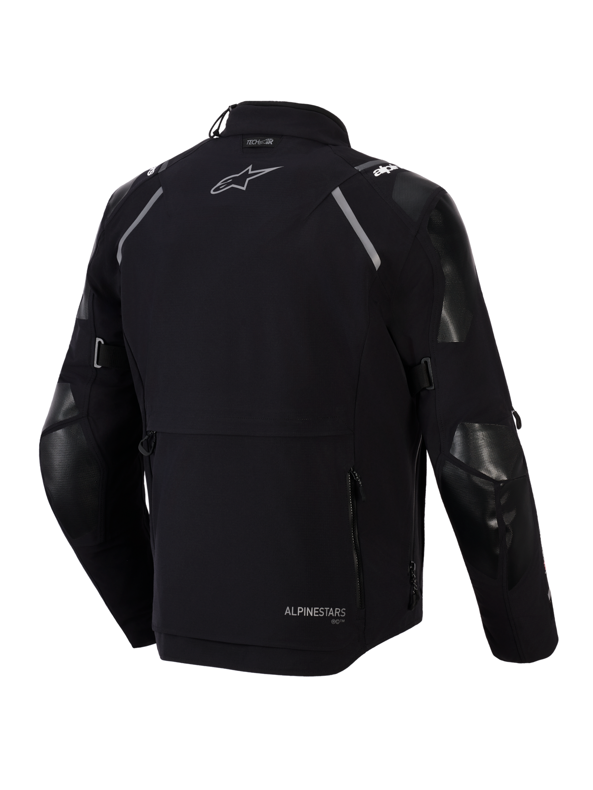 Alpinestars Andes Pro Drystar® XF Jacket, Rear View, Black and Dark Gray, Adventure Touring Textile Jacket featuring a large rear storage pocket, reflective shoulder accents, Alpinestars logo, and Tech-Air® compatibility branding.