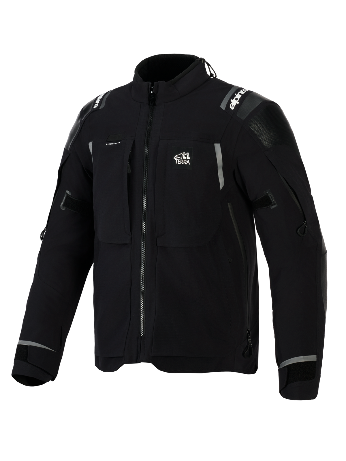Alpinestars Andes Pro Drystar® XF Jacket, Black and Dark Gray adventure motorcycle jacket, front angled view, featuring 'ALL TERRA' chest logo, reflective branding on shoulders, multiple waterproof zippered pockets, and adjustable sleeve cuffs.
