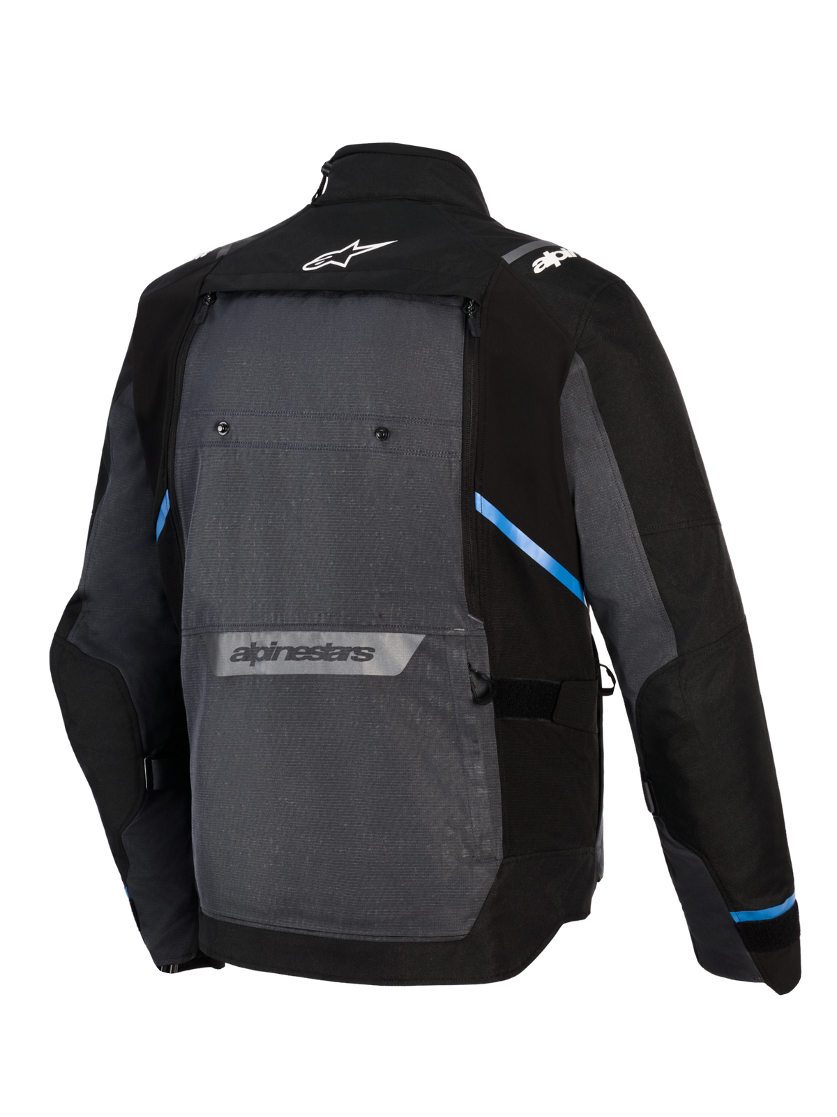 Alpinestars Cusco Drystar® Jacket, veste de moto Adventure Touring, noir et gris foncé, vue arrière montrant un large panneau arrière gris, accents bleus, logos Alpinestars en haut et en bas du dos, et construction en textile ripstop durable