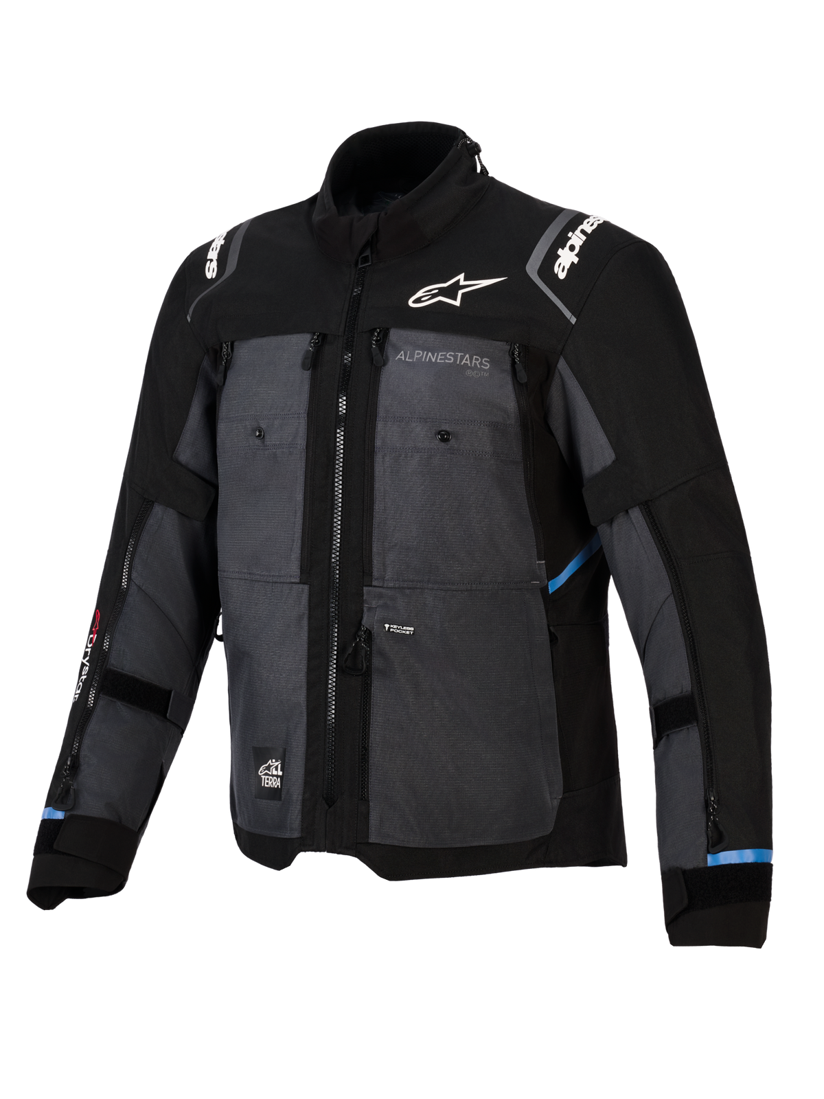Veste Alpinestars Cusco Drystar®, veste adventure touring, noir et gris foncé, dotée de panneaux en textile ripstop, marquage Alpinestars blanc sur la poitrine et les épaules, multiples fermetures éclair de ventilation et accents bleu clair