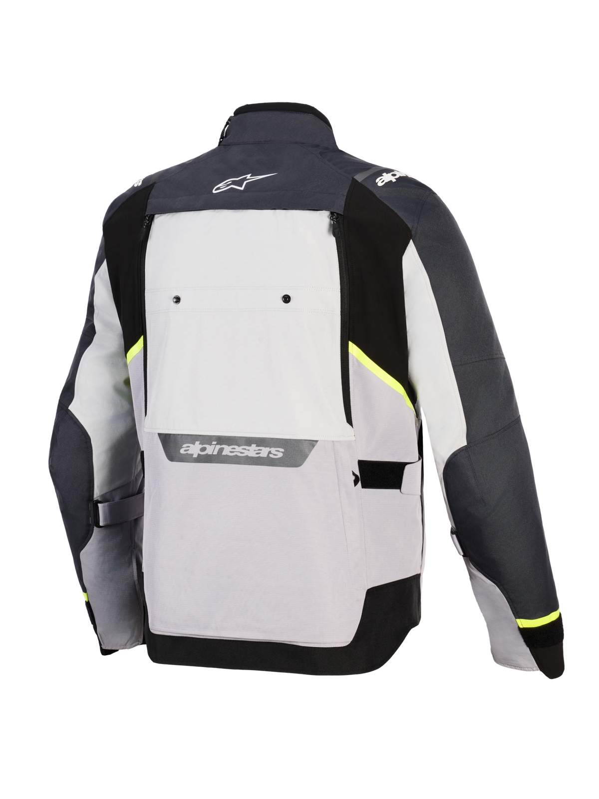 Veste Alpinestars Cusco Drystar®, veste de moto, Gris Glace, Gris Moyen et Gris Foncé, vue arrière avec panneaux textiles multi-tons, accents jaune fluo, large panneau de ventilation au dos et logo Alpinestars blanc sur le col et le bas du dos