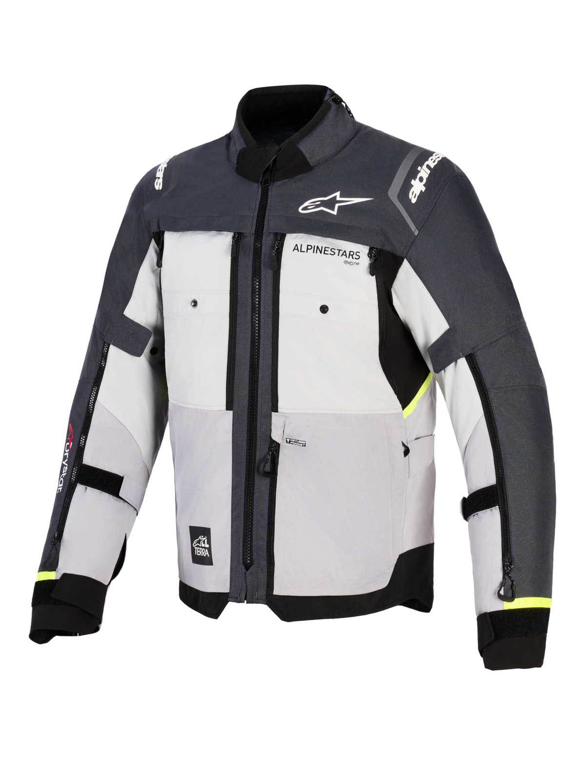 Veste Alpinestars Cusco Drystar®, veste de moto d'aventure, Gris Glace, Gris Moyen et Gris Foncé, vue de face avec construction textile multi-panneaux, ventilations de poitrine zippées et logos Alpinestars sur la poitrine et les épaules