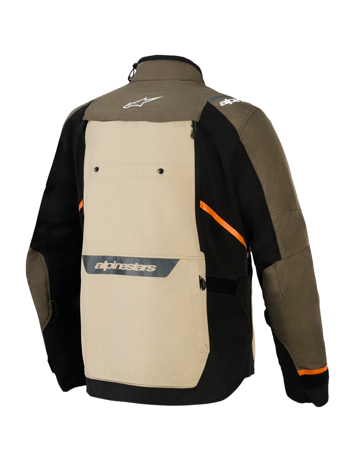 Veste Alpinestars Cusco Drystar®, vue arrière, Walnut Aluminum Black, veste de moto d'aventure en textile dotée d'un large panneau dorsal beige, d'accents diagonaux orange et de logos réfléchissants sur une coque marron et noire.
