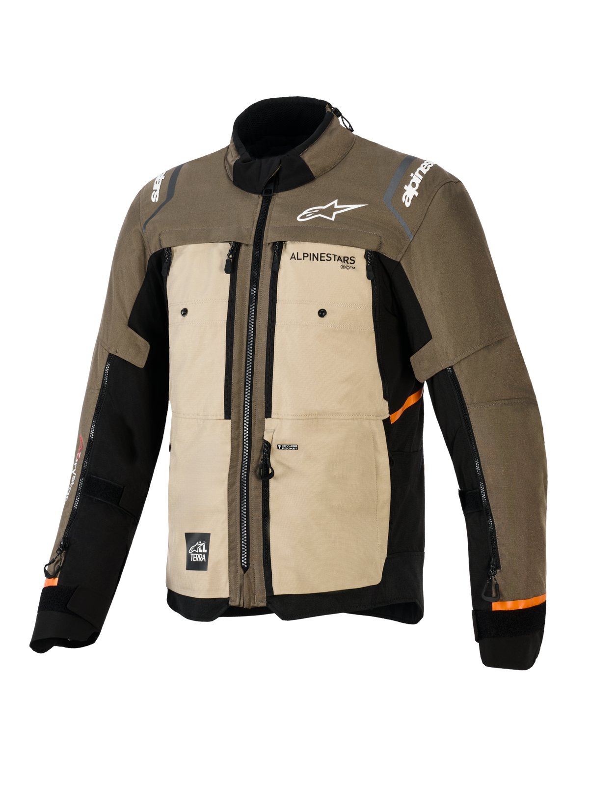 Veste Alpinestars Cusco Drystar®, Walnut Aluminum Black, veste de moto d'aventure touring, vue de face de trois-quarts, construction textile avec panneaux beige et marron, aérations zippées, logos Alpinestars blancs et accents orange sur les manches