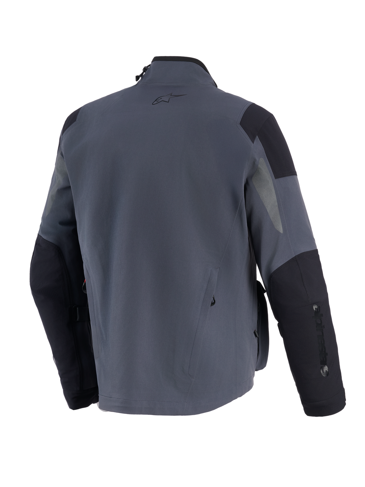 Alpinestars Maxdura Drystar®XF Laminated Armored Shell, Technical Adventure Motorcycle Jacket, Deep Gray and Black, back view featuring reinforced shoulder and elbow panels, small A-star logo on upper back, and vertical branding on the sleeve.