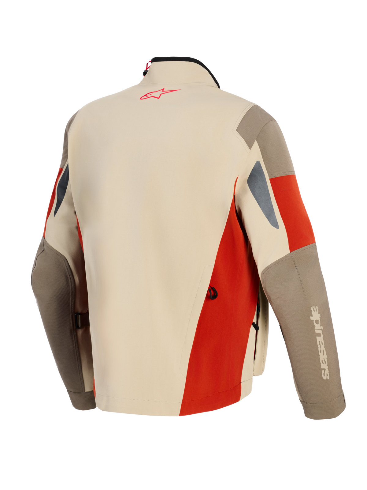 Alpinestars Maxdura Drystar®XF Laminated Armored Shell, veste de moto d'aventure, Aluminum Walnut et Rust Brown, vue arrière avec logo rouge sur la nuque, design technique multi-panneaux avec fentes de ventilation et construction textile durable.