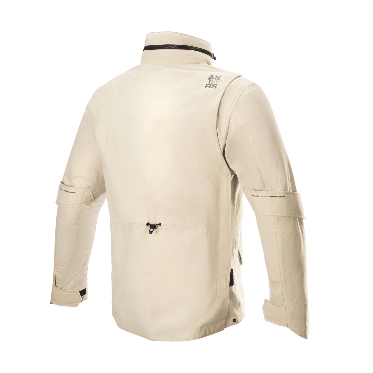 Veste Alpinestars MO.ST.EQ Field Waterproof Primaloft, veste de moto, Sand Military, vue arrière avec col montant et capuche pliable, ajusteurs de volume aux manches et construction en ripstop léger dans un style field jacket contemporain