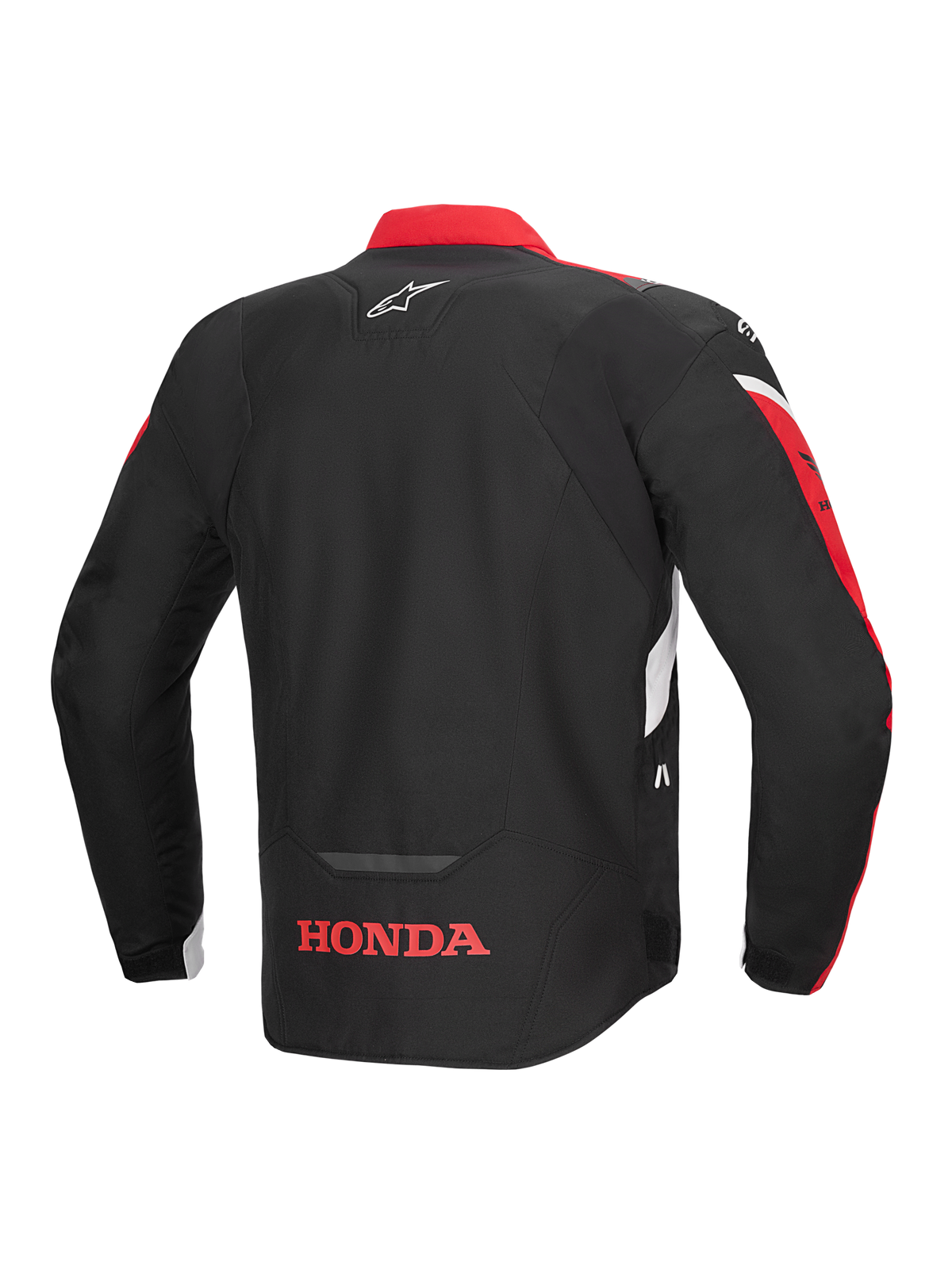 Veste Alpinestars Honda T-Jaws V4 WP, vue arrière, noire avec accents rouge vif et blancs, logo Honda rouge sur le bas du dos et logo étoile Alpinestars sur le haut du dos, veste de moto sport en textile avec détails réfléchissants