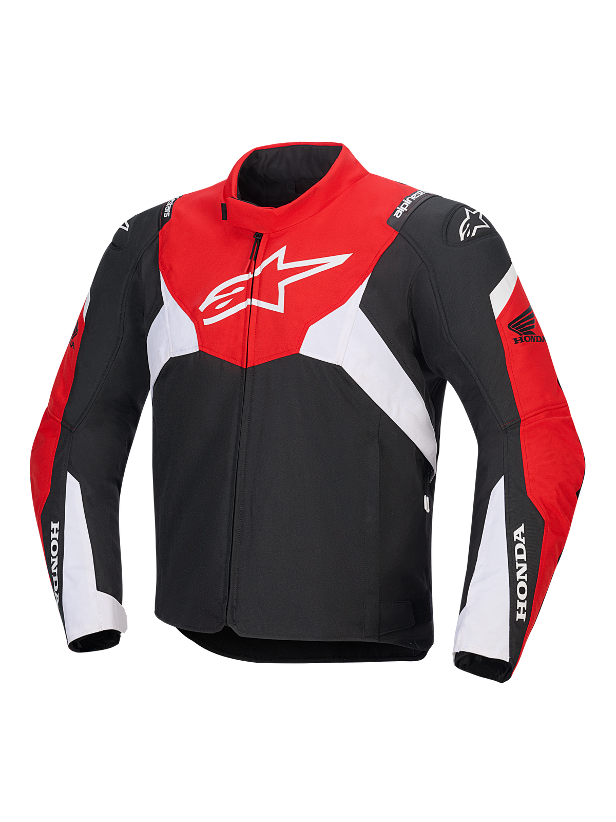 Veste Alpinestars Honda T-Jaws V4 WP, veste de moto technique imperméable, noir, rouge vif et blanc, arborant un grand logo Astar blanc sur la poitrine et le marquage Honda sur les manches, design sportif avec col montant et fermeture éclair avant.