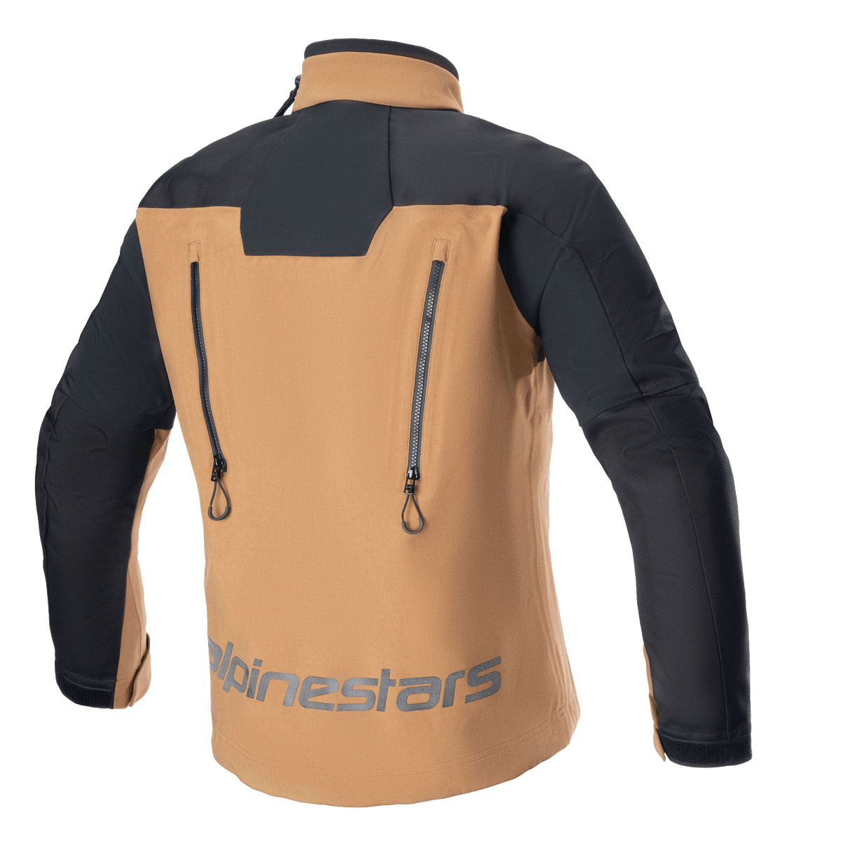 Alpinestars Hyde XT Drystar® XF Jacket, Adventure Motorcycle Jacket, Sand and Black, back view featuring two vertical ventilation zippers, black reinforced shoulders and sleeves, Alpinestars branding on the lower back, technical waterproof touring gear