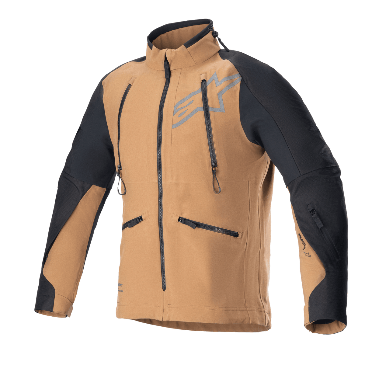 Alpinestars Hyde XT Drystar XF Jacket, Motorcycle Adventure Touring Jacket, Sand and Black, featuring vertical chest ventilation zippers and side pockets, black ripstop panels on shoulders and arms, high collar, waterproof textile construction for off-road riding