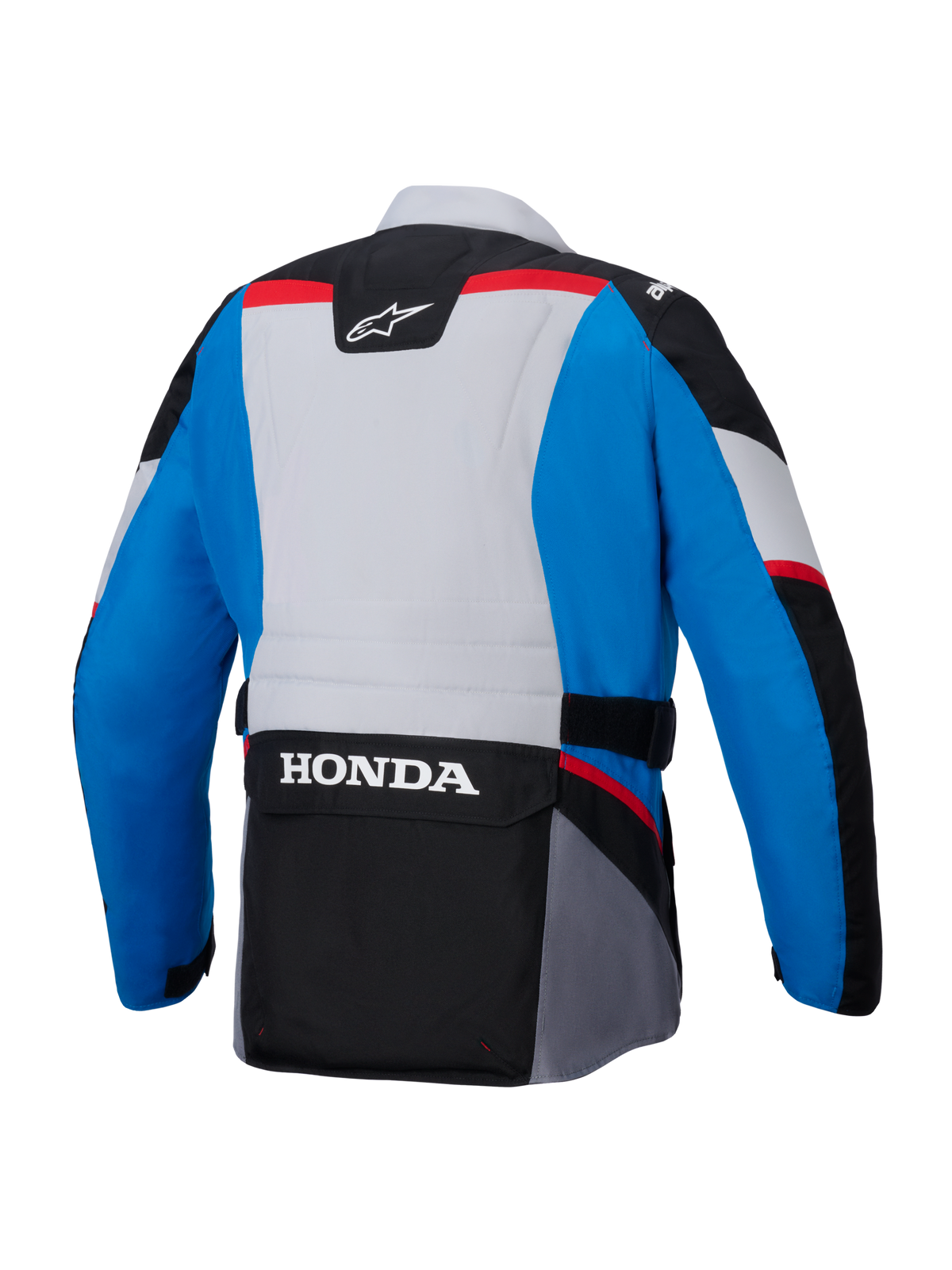 Alpinestars Honda ST-1 Waterproof Jacket, rear view, Blue and Light Gray with Black panels and Red accents, features large white HONDA branding on the lower back cargo pocket, adventure touring style textile jacket.