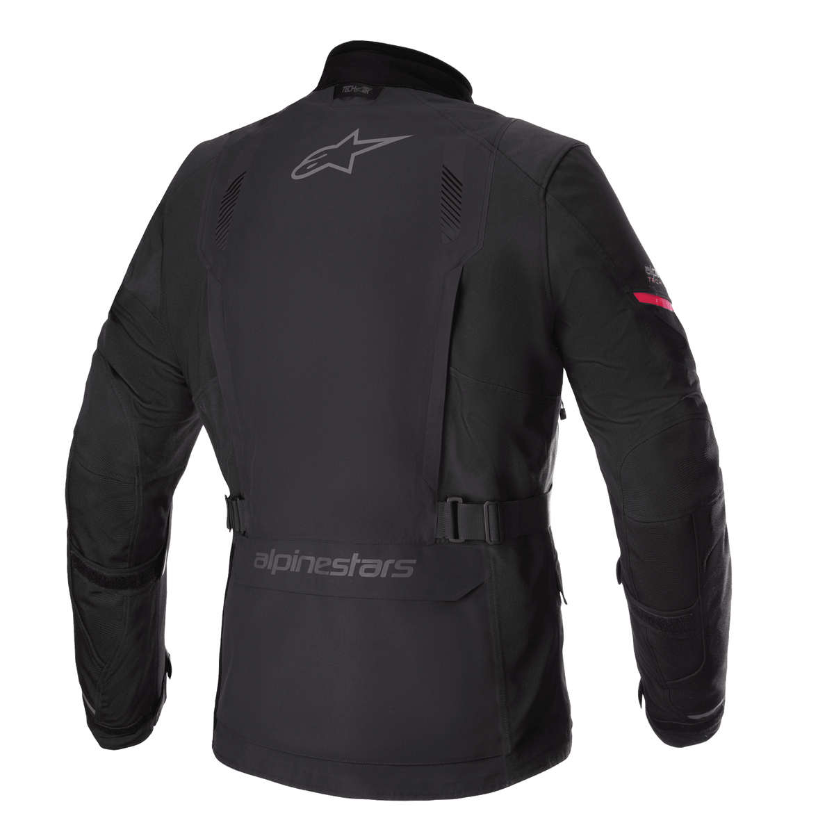 Veste Alpinestars Monteira Drystar® XF, veste de moto Adventure Touring, noir avec détails rouge vif sur la manche, vue arrière montrant les logos Alpinestars gris, ceinture réglable à la taille et coque en textile imperméable durable