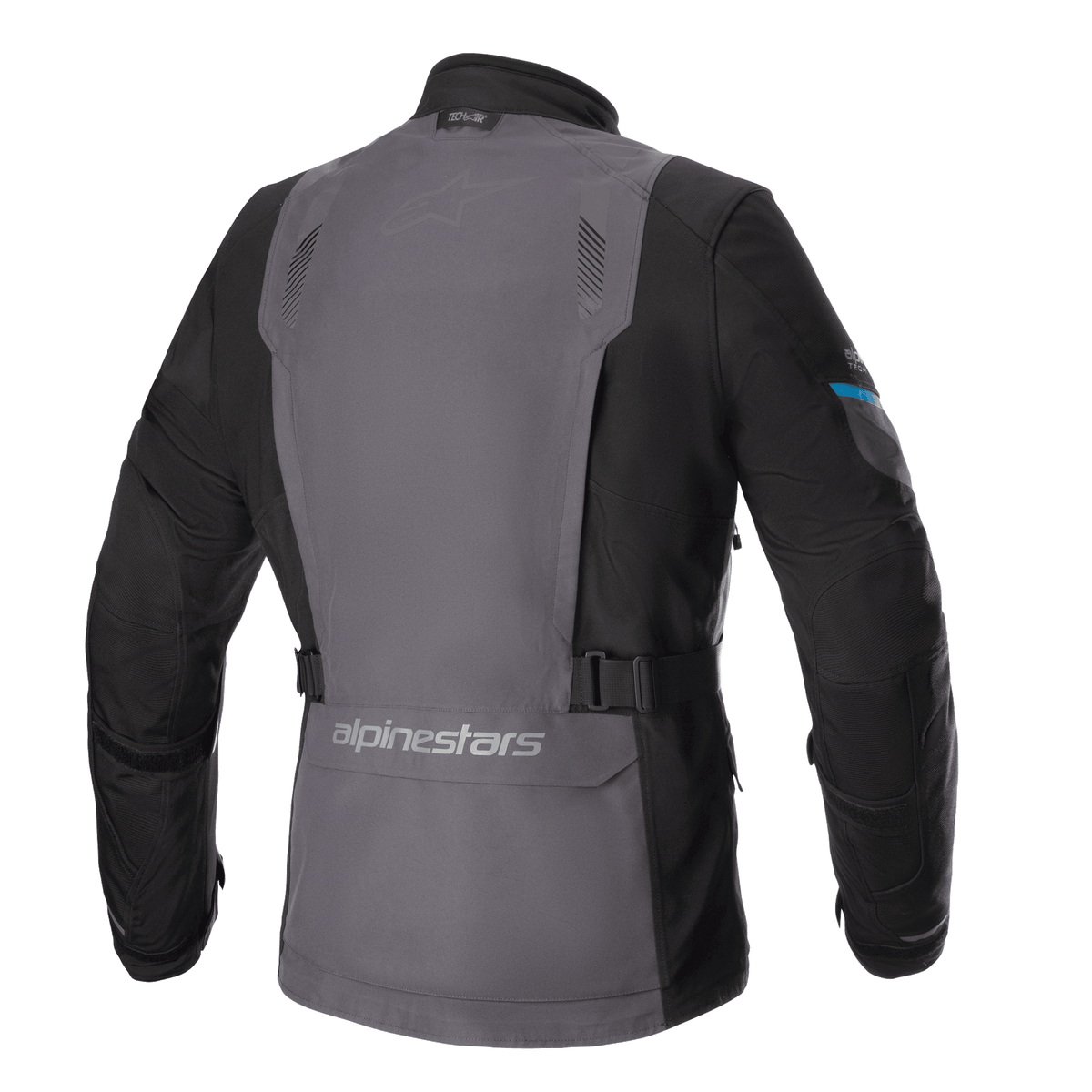 Veste Alpinestars Monteira Drystar® XF, veste de moto de tourisme d'aventure, gris goudron et noir avec accents bleu méthyle, vue arrière montrant un large panneau dorsal gris, des sangles de réglage à la taille et le logo Alpinestars sur le bas du dos.