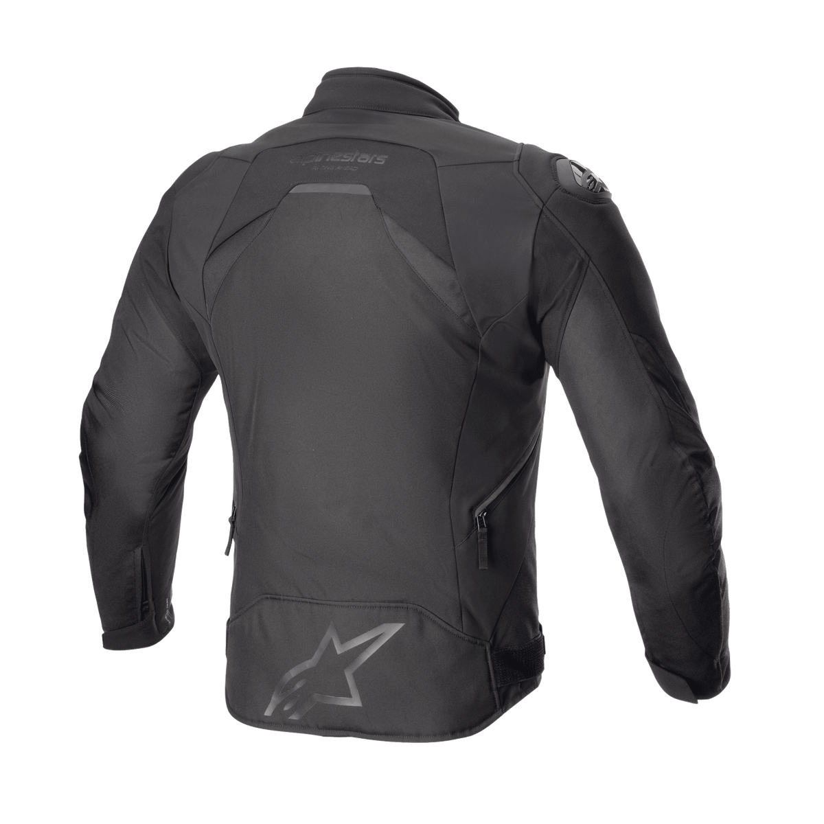 Veste Alpinestars T-GP R V3 Drystar®, veste textile sportive pour moto, Noir Noir, vue arrière montrant une silhouette profilée taillée en 3D avec un grand logo étoilé en bas du dos et le lettrage Alpinestars près du col, dotée de fermetures éclair de ventilation latérales.