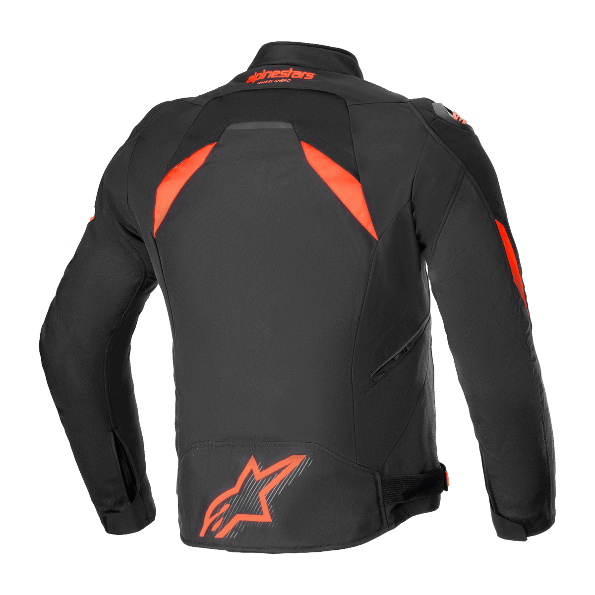 Veste Alpinestars T-GP R V3 Drystar®, veste de moto sportive en textile imperméable, noir et rouge fluo, vue arrière avec un grand logo fluorescent au bas du dos et des panneaux haute visibilité aux épaules, design technique dérivé de la course