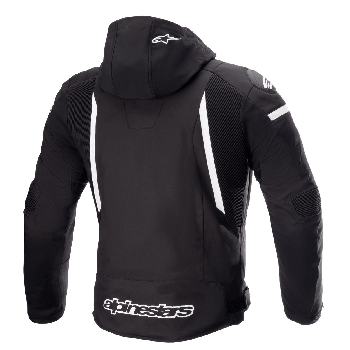 Blouson imperméable Alpinestars Zaca, blouson de moto, noir et blanc, vue arrière montrant la capuche amovible avec logo étoile blanc, bandes blanches verticales dans le dos, marquage Alpinestars sur l'ourlet inférieur et panneaux extensibles côtelés pour la mobilité.