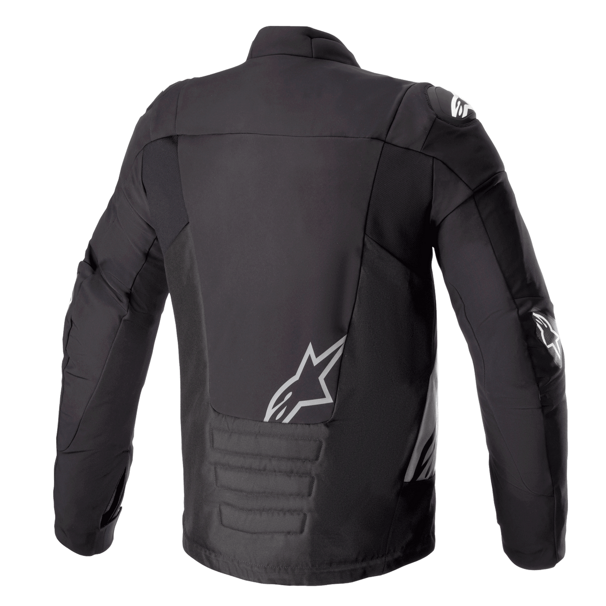 Veste imperméable Alpinestars SMX, Noir Gris Foncé, vue de dos, avec logo Alpinestars blanc sur le bas du dos et l'épaule, section rembourrée au bas du dos, veste de moto en textile technique et softshell
