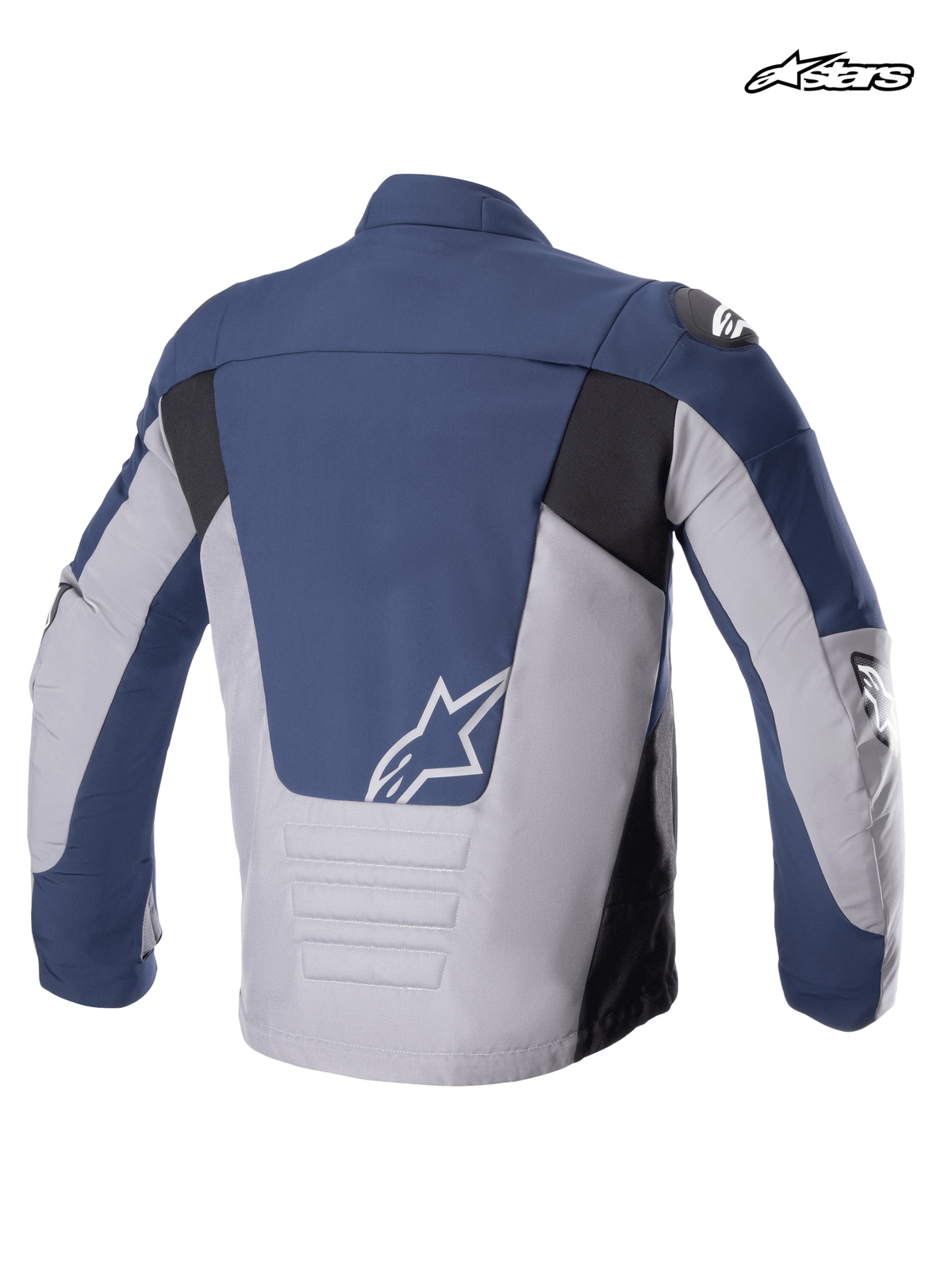 Veste Imperméable SMX d'Alpinestars, veste de moto textile pour homme, vue de dos montrant le coloris marine de nuit, gris foncé et noir, le dos rallongé et le logo A-star blanc