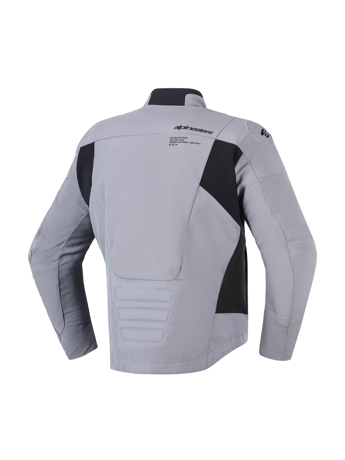 Veste imperméable Alpinestars SMX, gris foncé noir, vue arrière montrant la construction en textile et softshell, logo et graphisme Alpinestars sur le haut du dos, panneaux latéraux noirs et profil arrière allongé, veste de moto de route sportive.